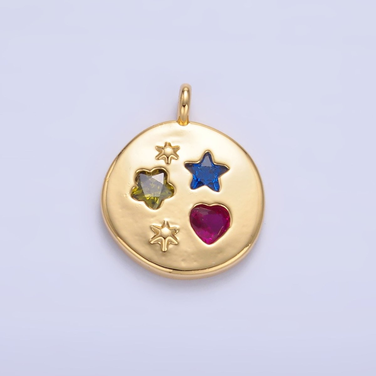 24K Gold Filled Celestial Star Flower Heart CZ Dotted Round Charm | W411