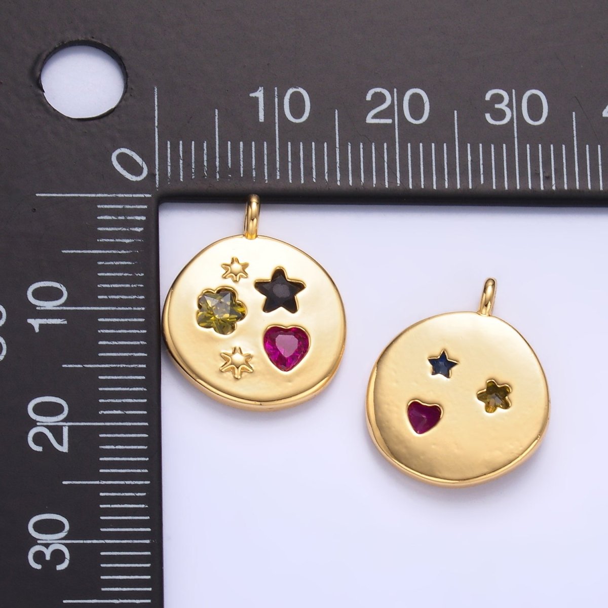 24K Gold Filled Celestial Star Flower Heart CZ Dotted Round Charm | W411