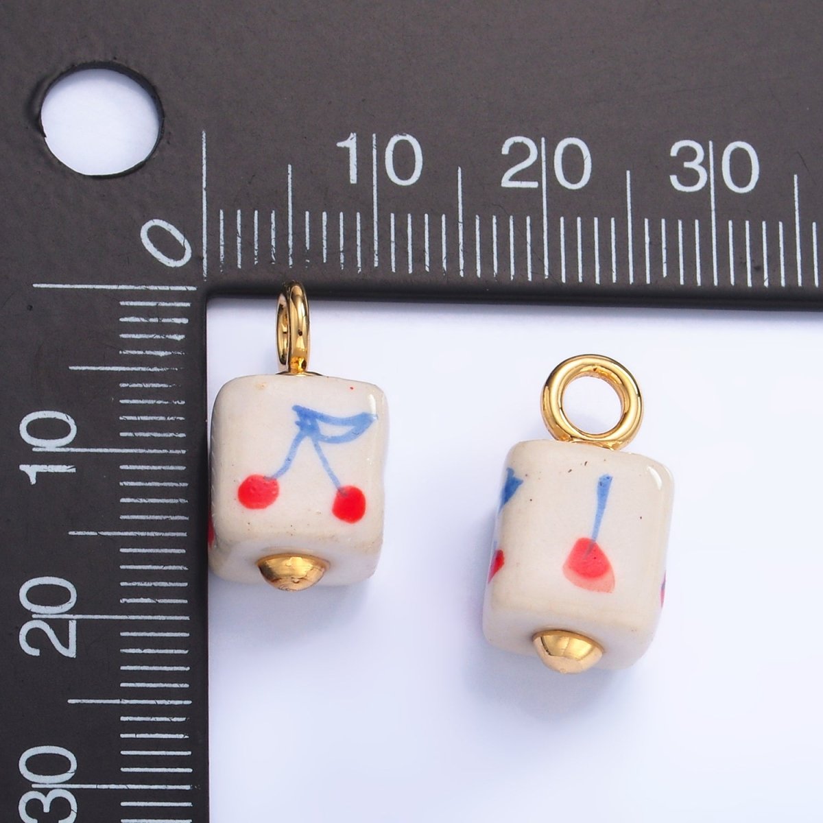 24K Gold Filled Cherry Fruit Square Ceramic Drop Charm | W437
