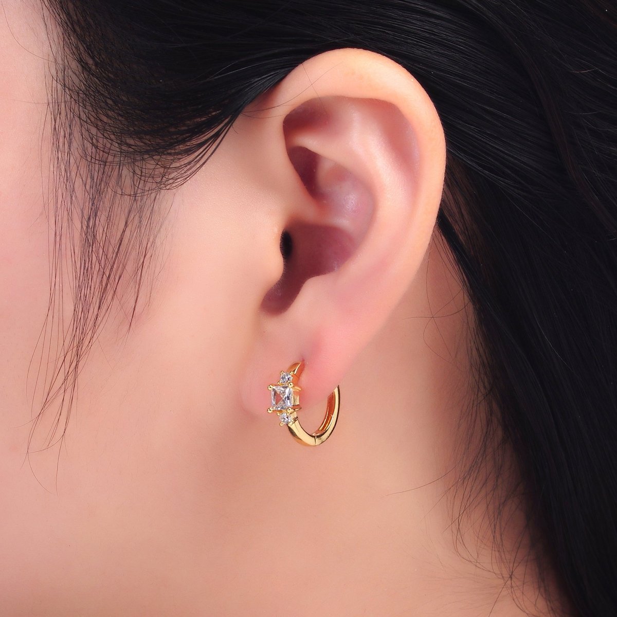 24K Gold Filled Clear Baguette CZ Huggie Earrings | AB703