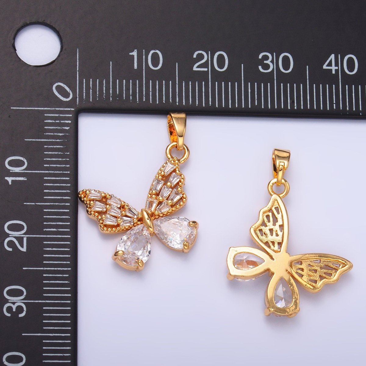 24K Gold Filled Clear Baguette Teardrop CZ Butterfly Mariposa Pendant | AA1434