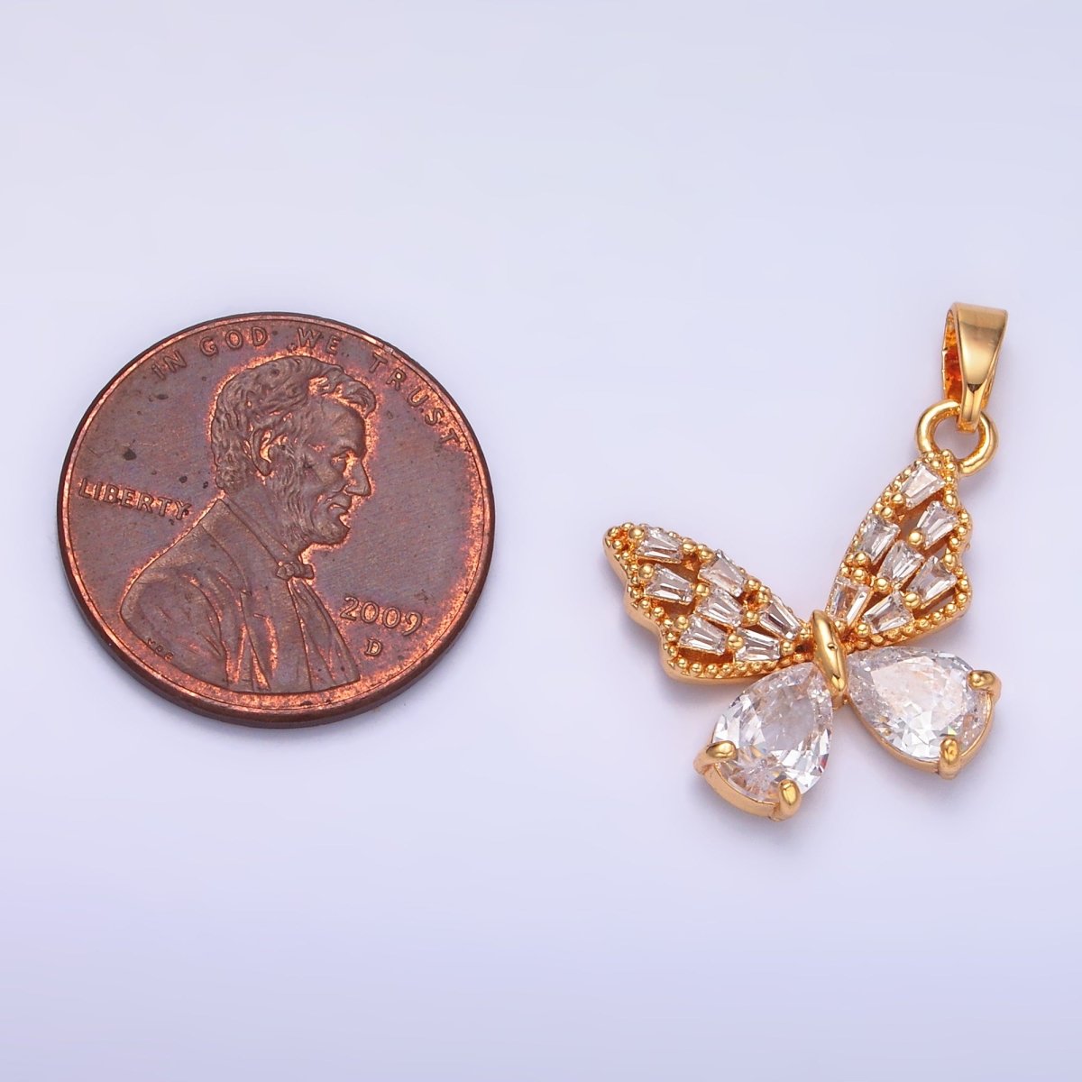 24K Gold Filled Clear Baguette Teardrop CZ Butterfly Mariposa Pendant | AA1434