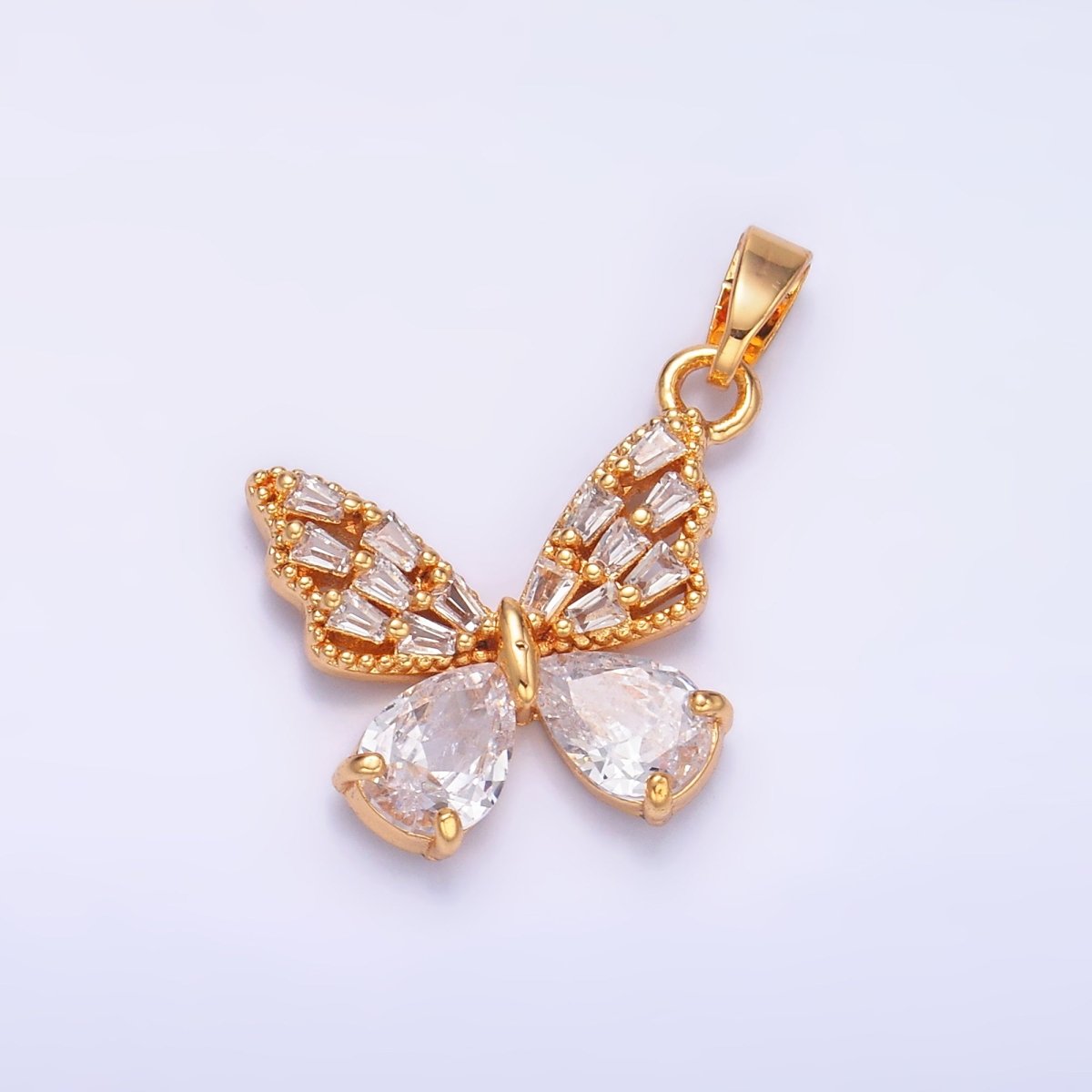 24K Gold Filled Clear Baguette Teardrop CZ Butterfly Mariposa Pendant | AA1434