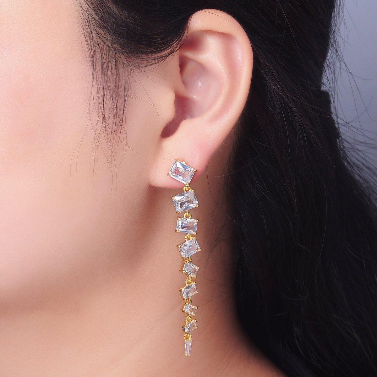 24K Gold Filled Clear CZ Baguette Drop Stud Earrings | V135