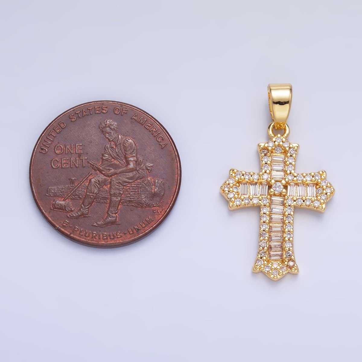 24K Gold Filled Clear CZ Baguette Micro Paved Passion Religious Cross Pendant | AA1329