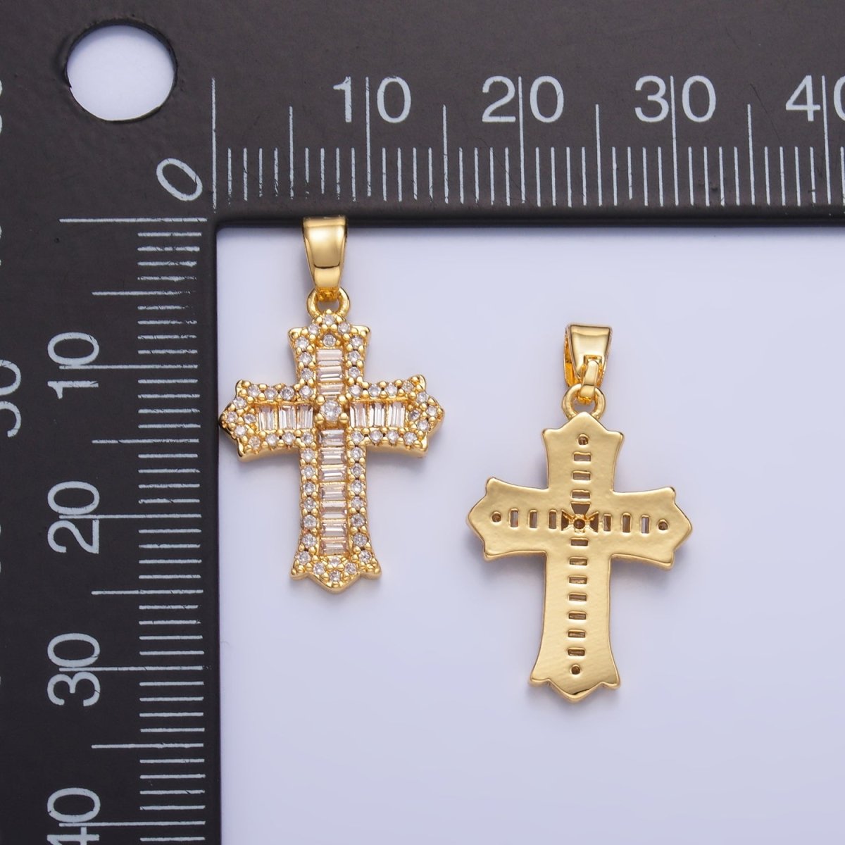 24K Gold Filled Clear CZ Baguette Micro Paved Passion Religious Cross Pendant | AA1329