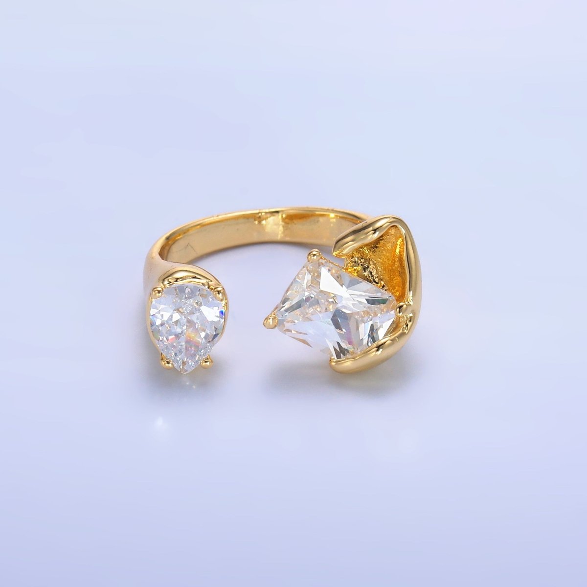 24K Gold Filled Clear CZ Baguette Teardrop Molten Wrap Claw Ring | O844