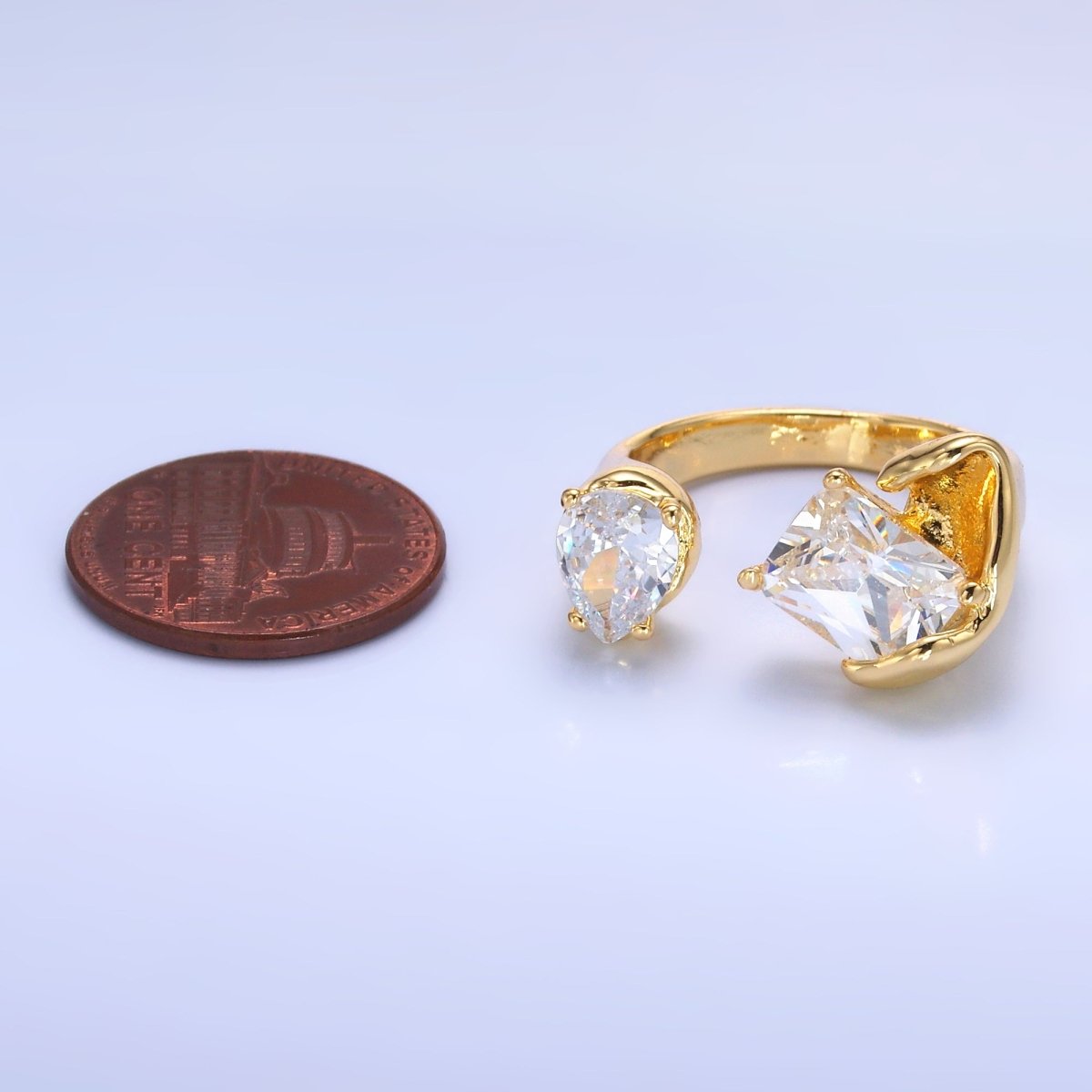 24K Gold Filled Clear CZ Baguette Teardrop Molten Wrap Claw Ring | O844