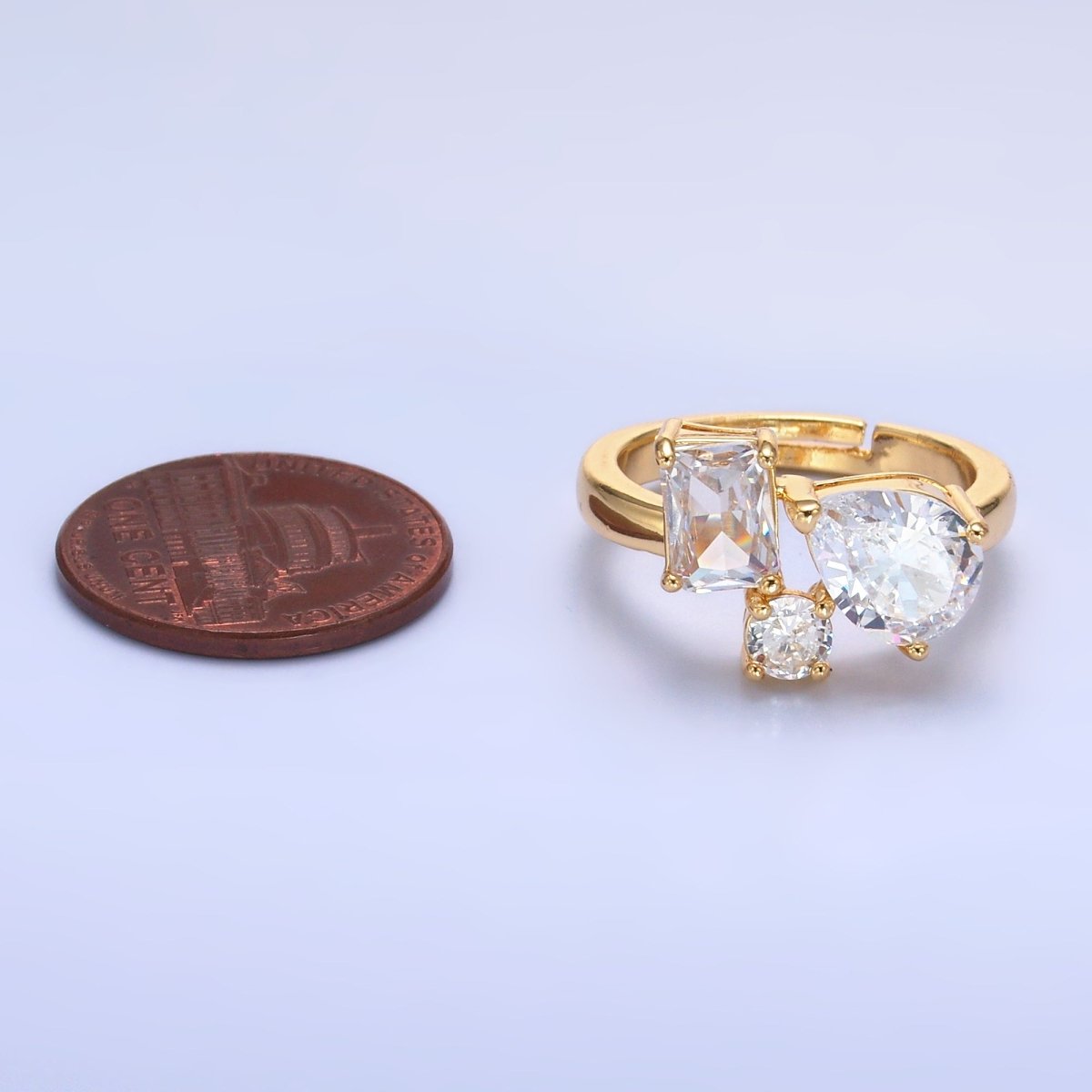 24K Gold Filled Clear CZ Baguette Teardrop Round Ring | O847