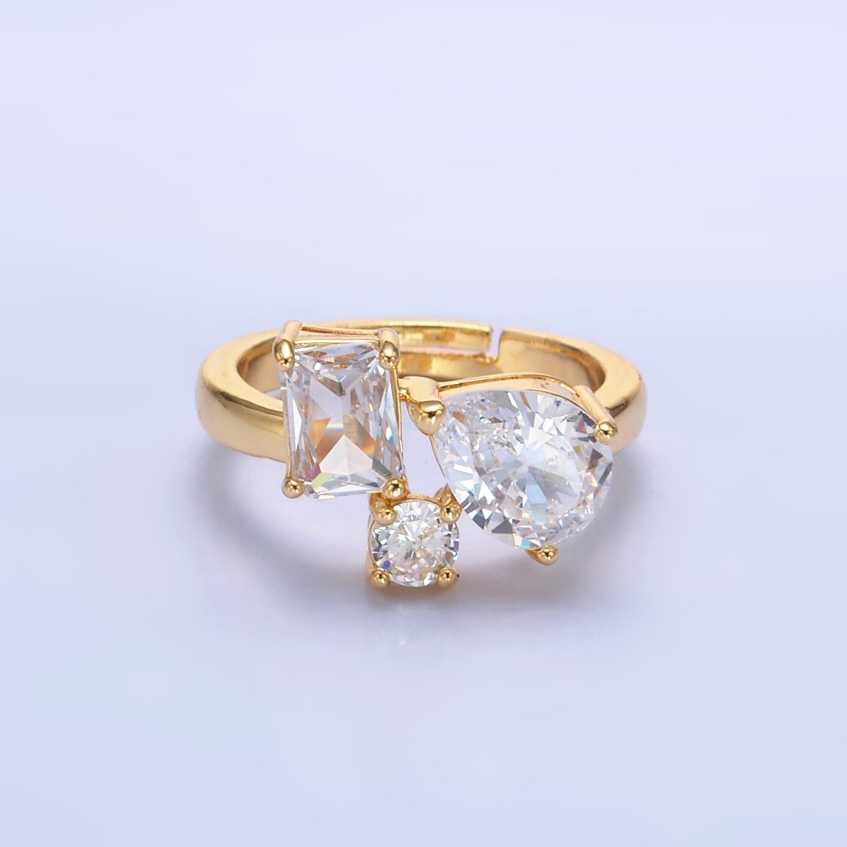 24K Gold Filled Clear CZ Baguette Teardrop Round Ring | O847