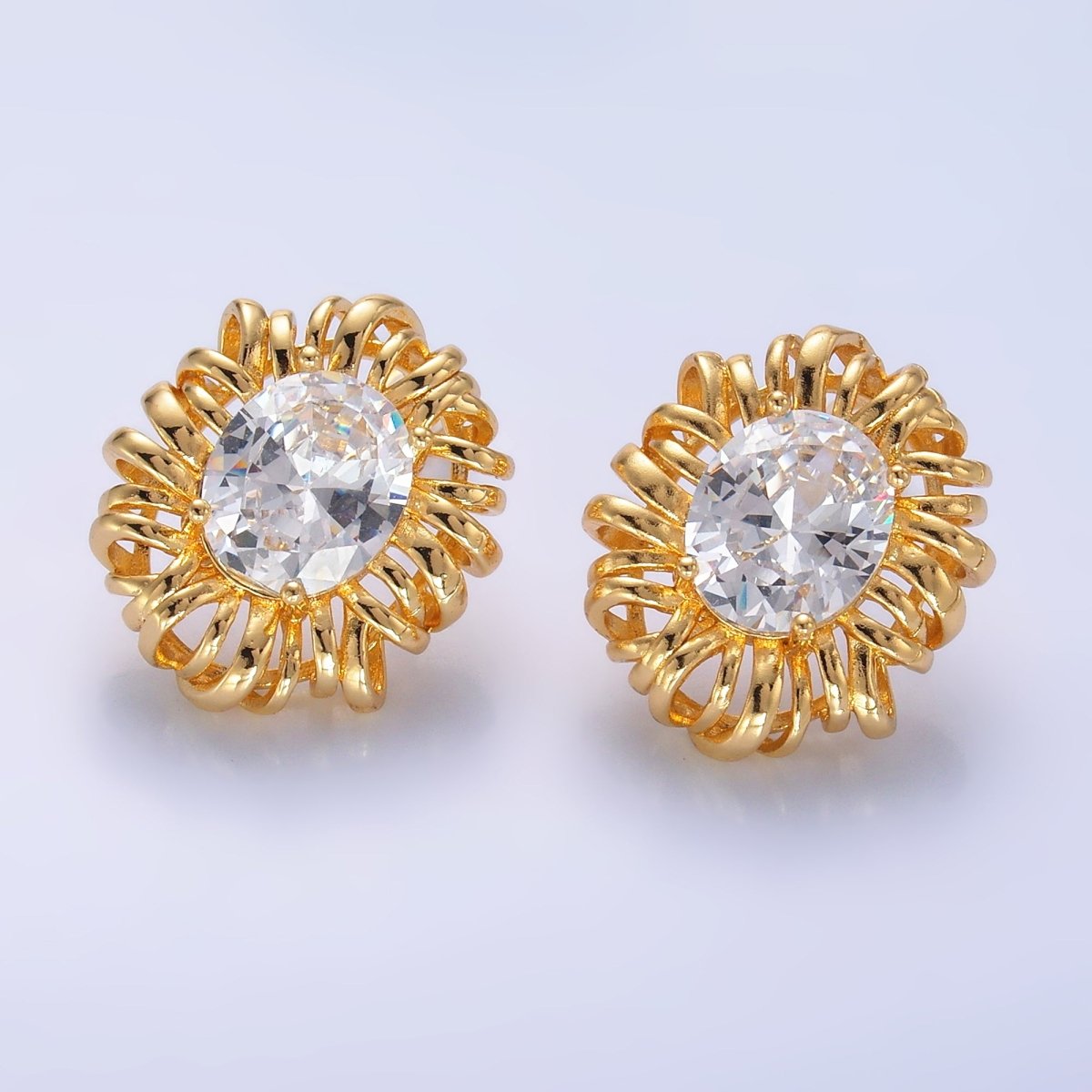 24K Gold Filled Clear CZ Celestial Sun Ray Stud Earrings | AB077