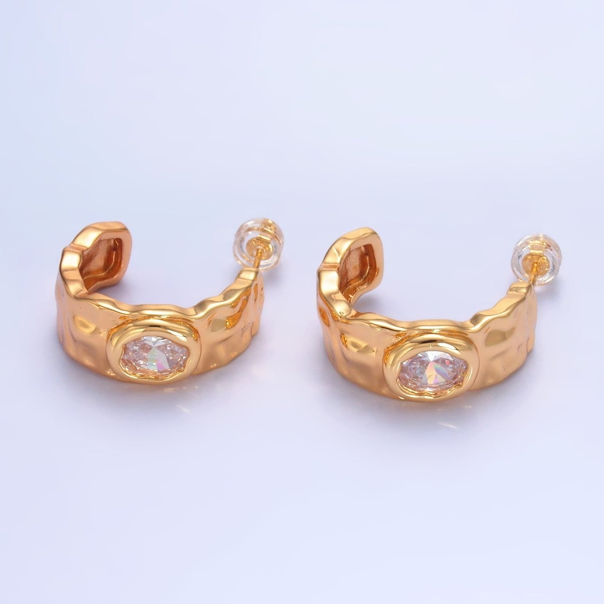 24K Gold Filled Clear CZ Hammered Molten C-Shaped Hoop Earrings | AB1471
