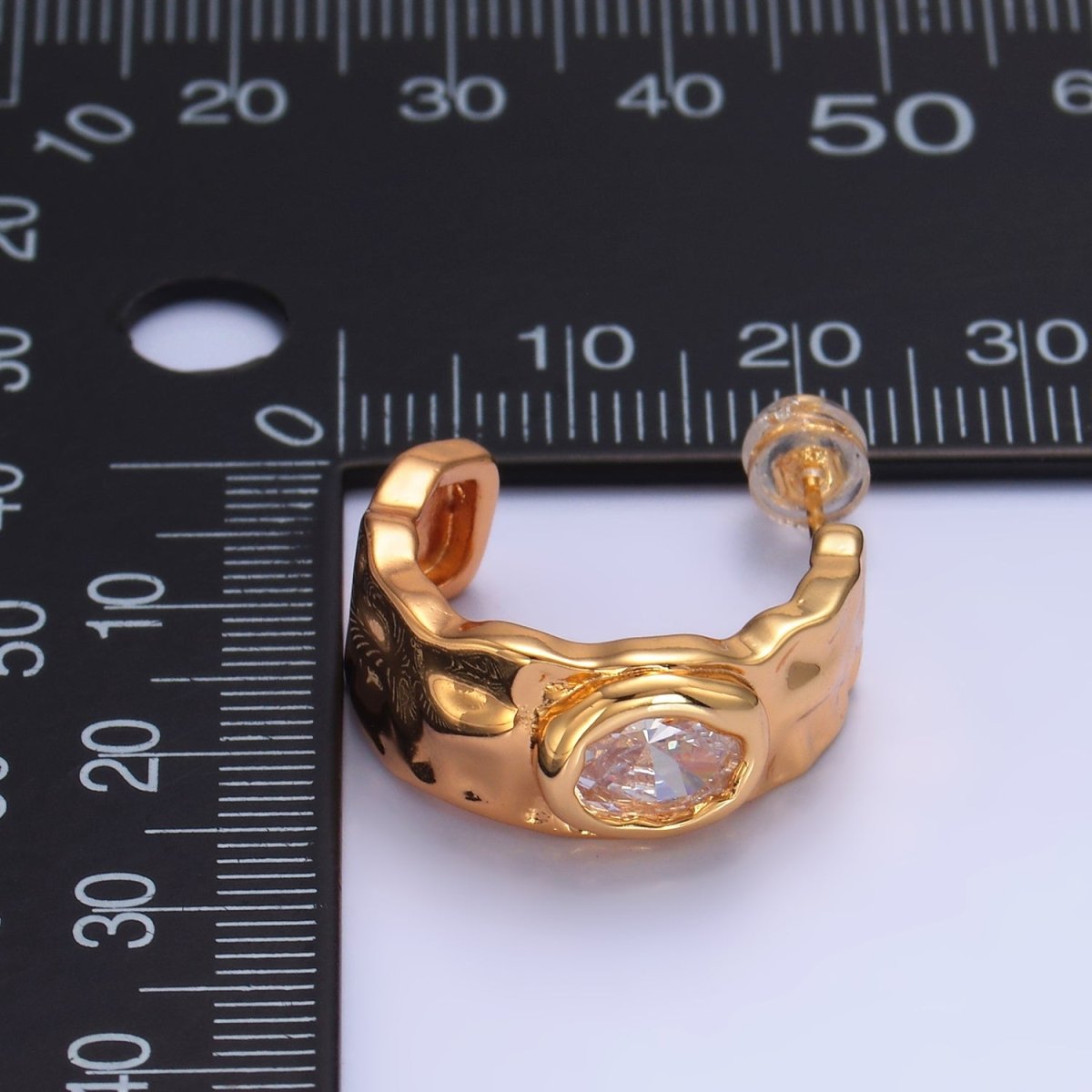 24K Gold Filled Clear CZ Hammered Molten C-Shaped Hoop Earrings | AB1471