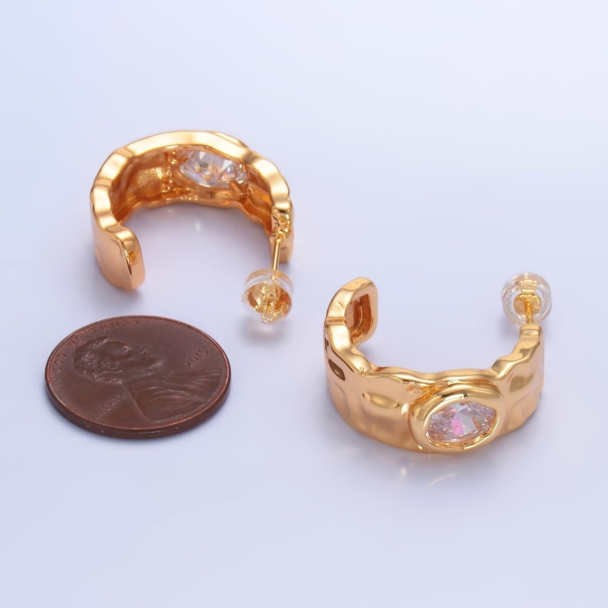 24K Gold Filled Clear CZ Hammered Molten C-Shaped Hoop Earrings | AB1471