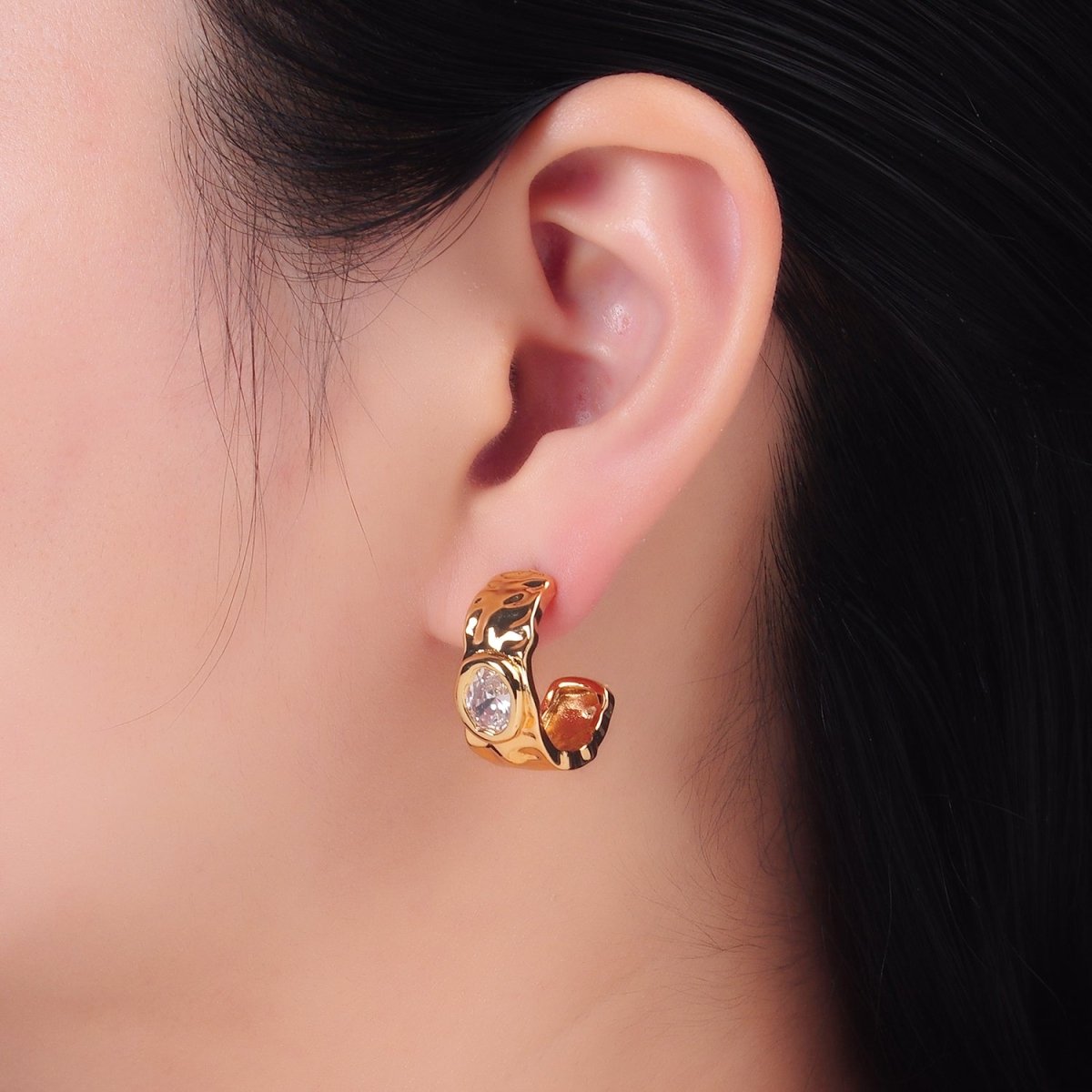 24K Gold Filled Clear CZ Hammered Molten C-Shaped Hoop Earrings | AB1471