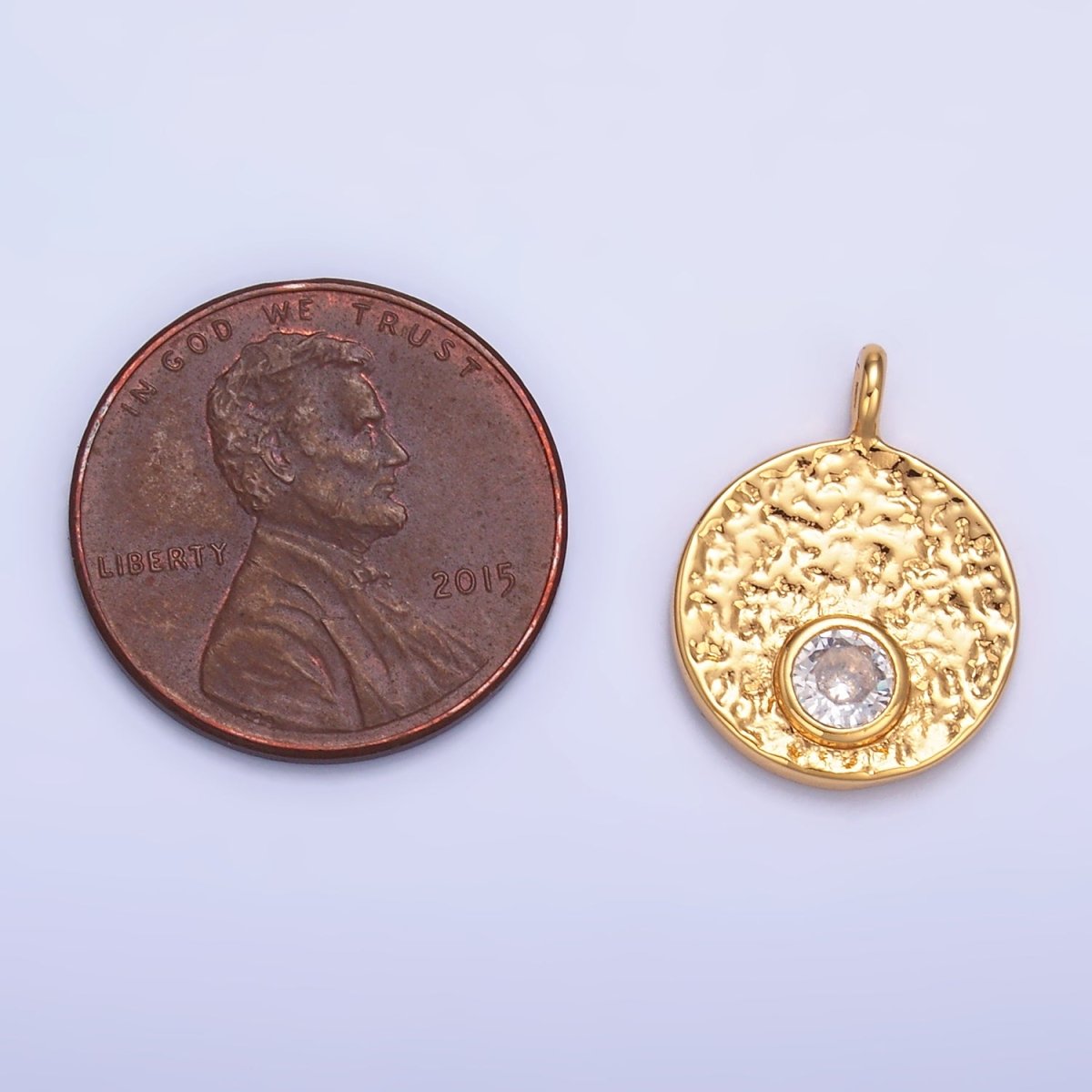 24K Gold Filled Clear CZ Hammered Round Pendant | W438