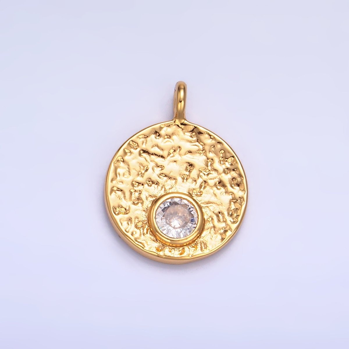 24K Gold Filled Clear CZ Hammered Round Pendant | W438