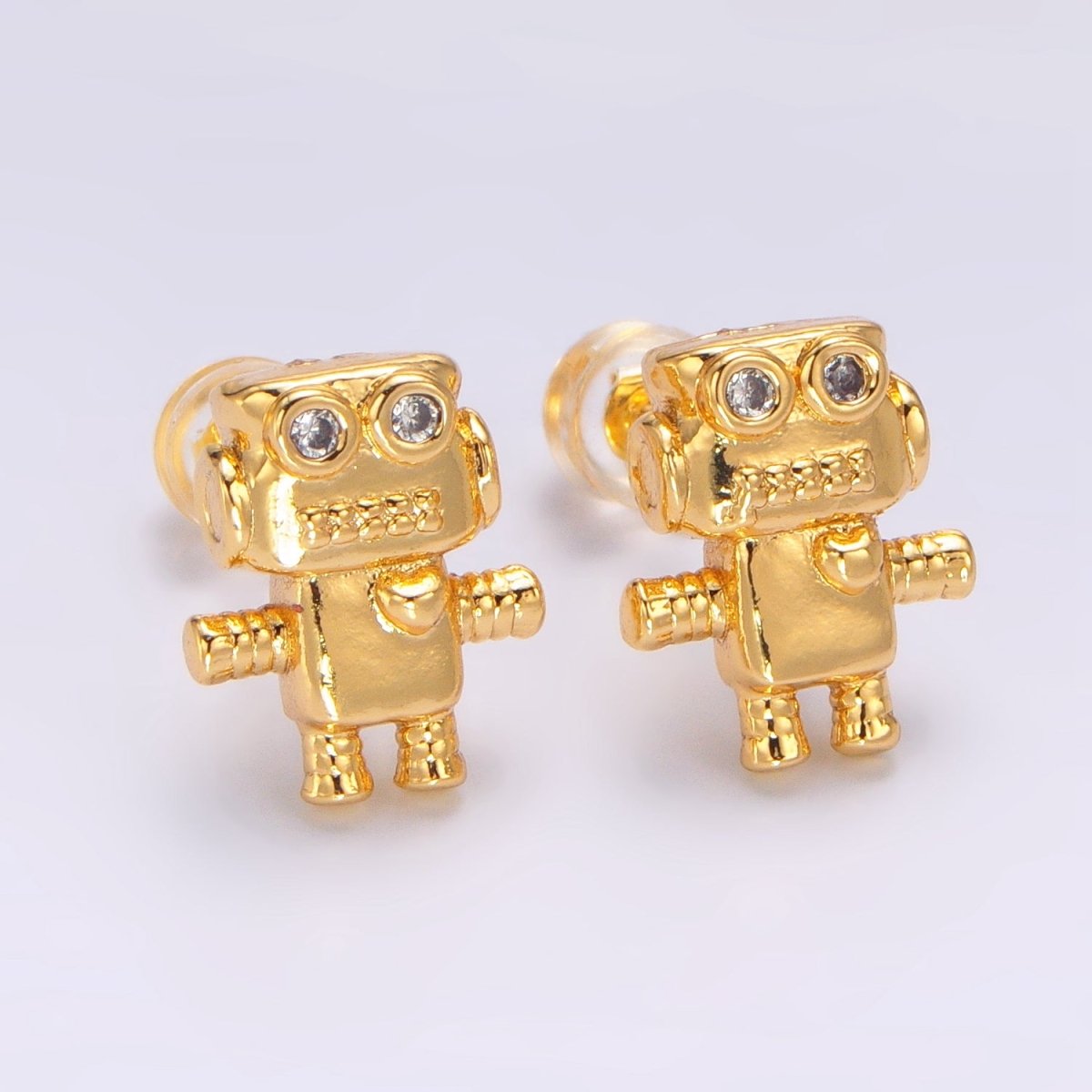 24K Gold Filled Clear CZ Robot Machine Stud Earrings | P366