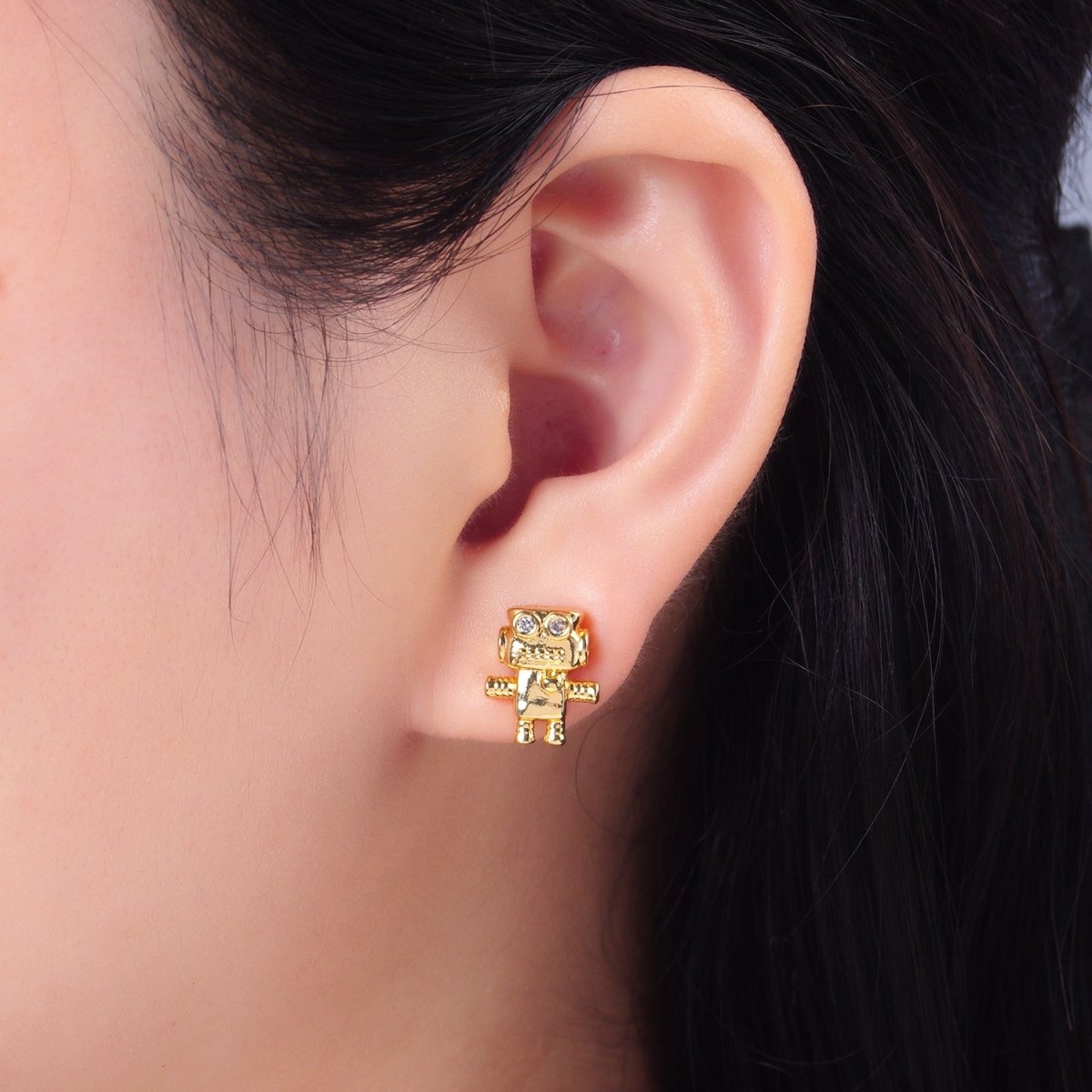 24K Gold Filled Clear CZ Robot Machine Stud Earrings | P366