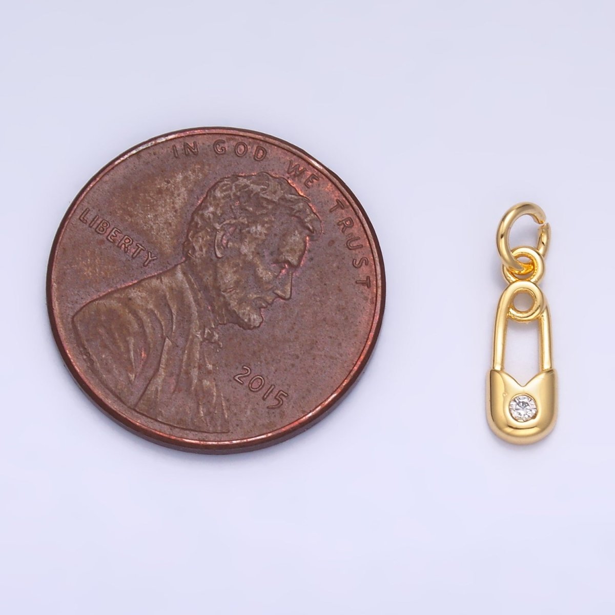 24K Gold Filled Clear CZ Safety Pin Mini Charm in Gold & Silver | W882