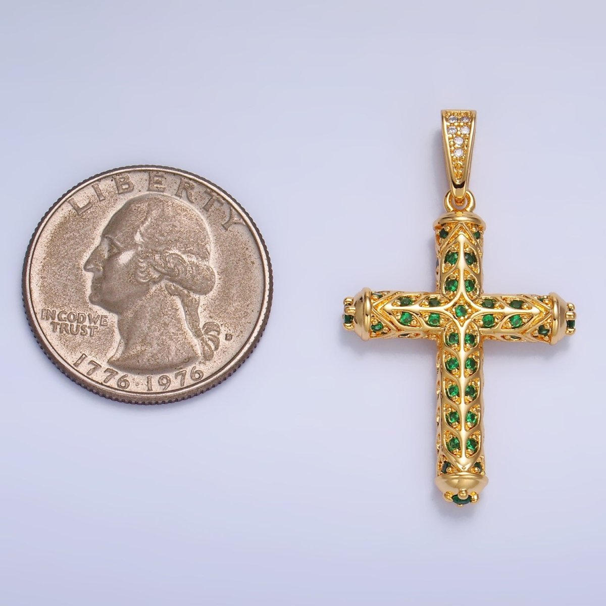 24K Gold Filled Clear, Green CZ Artisan Religious Cross Pendant in Gold & Silver | AA1077 AA1078