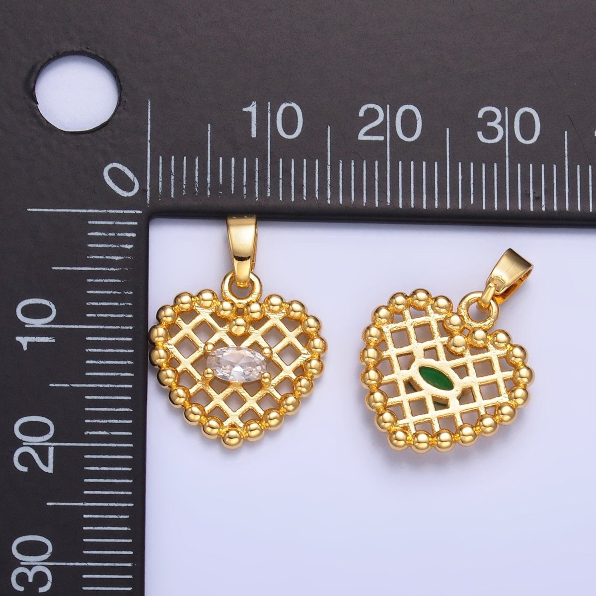 24K Gold Filled Clear, Green CZ Beaded Ball Heart Pendant in Gold & Silver | AA1431 AA1432