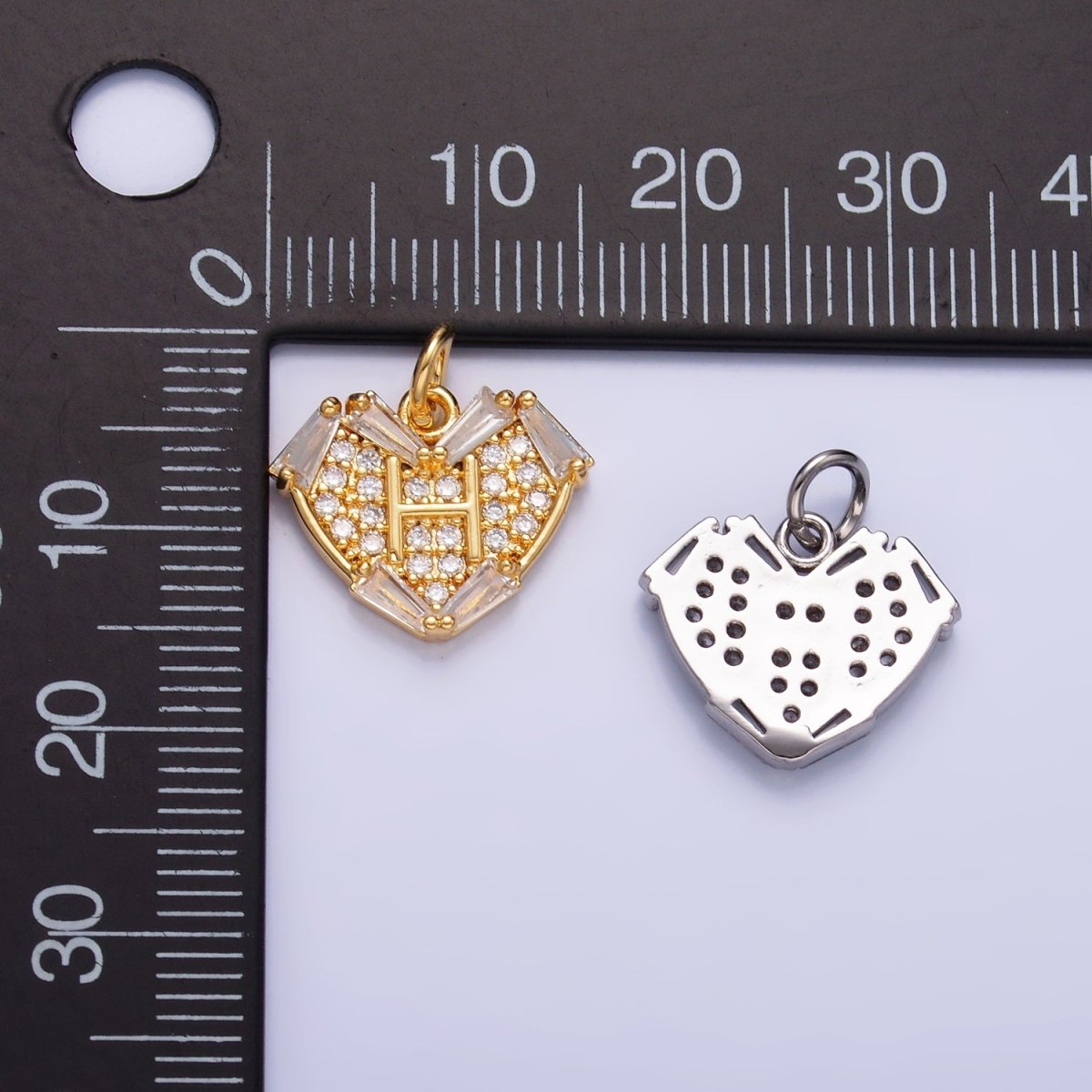 24K Gold Filled Clear Micro Paved Baguette CZ Heart Charm in Gold & Silver | W801
