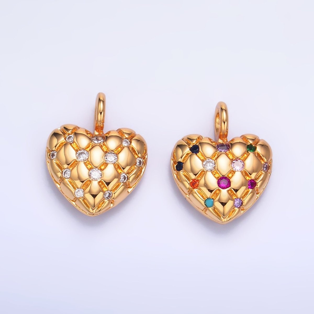 24K Gold Filled Clear, Multicolor CZ Quilted Heart Charm | W262 W263