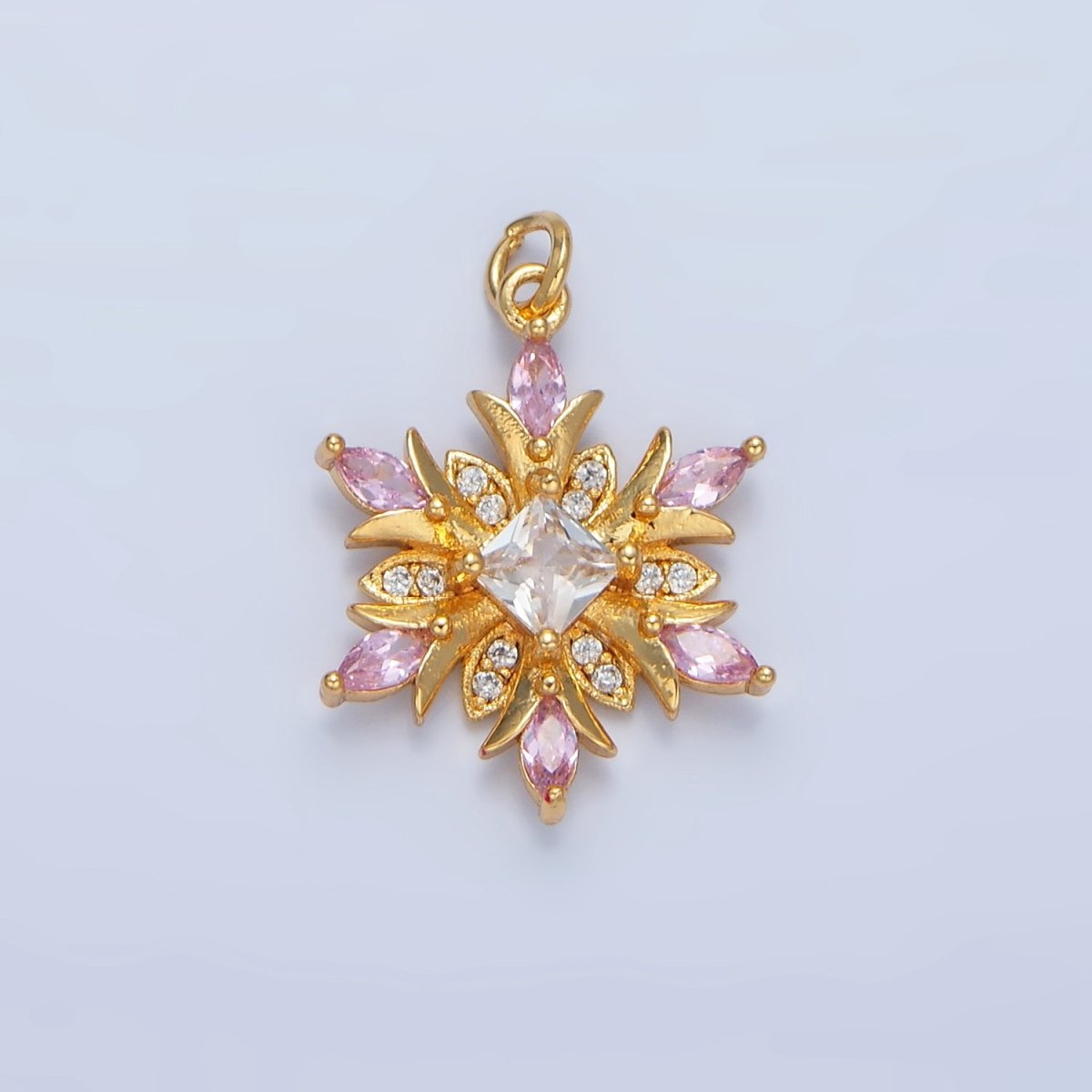 24K Gold Filled Clear, Pink CZ Micro Paved Flower Charm | W081