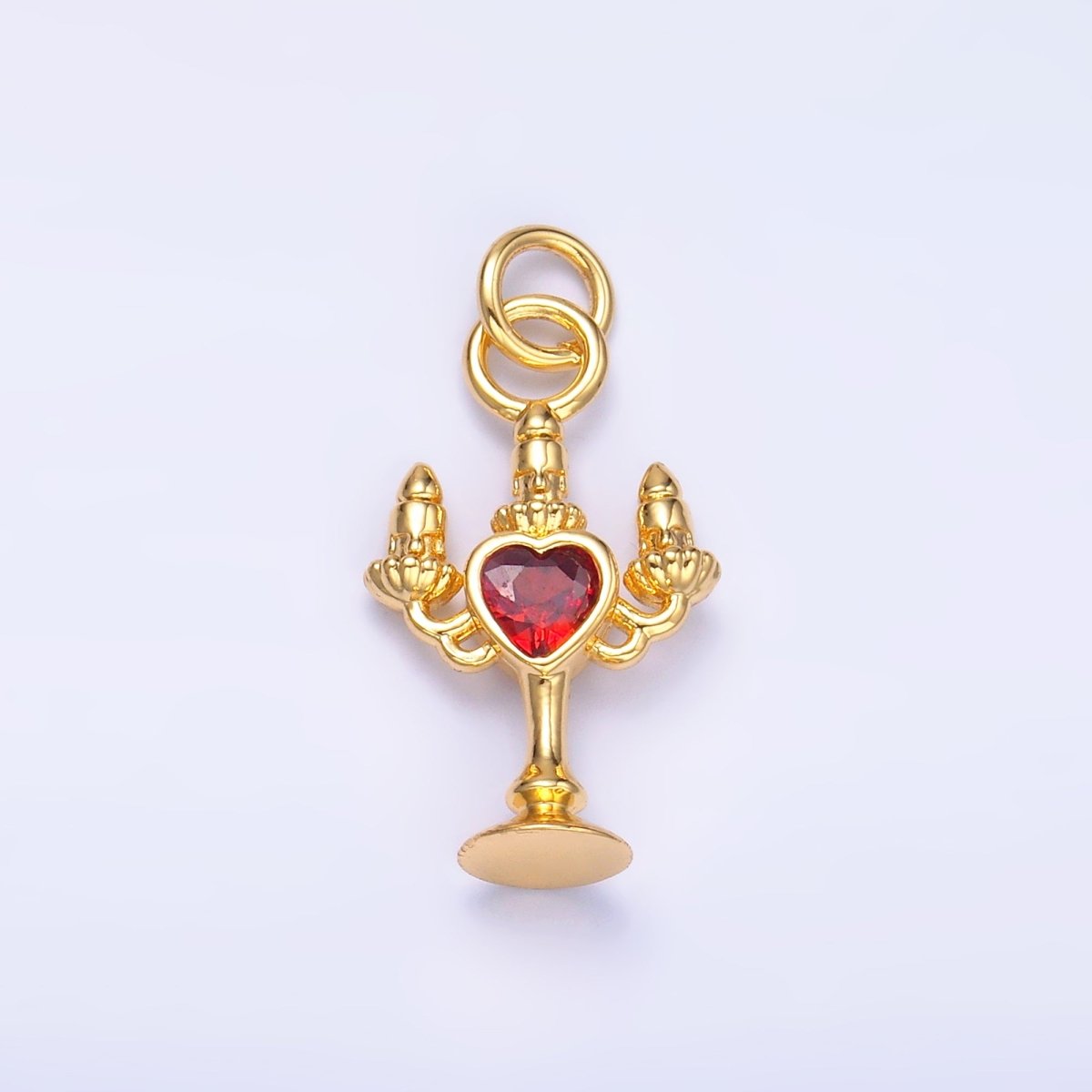24K Gold Filled Clear, Red CZ Heart Candle Candelabrum Charm in Gold & Silver | W339
