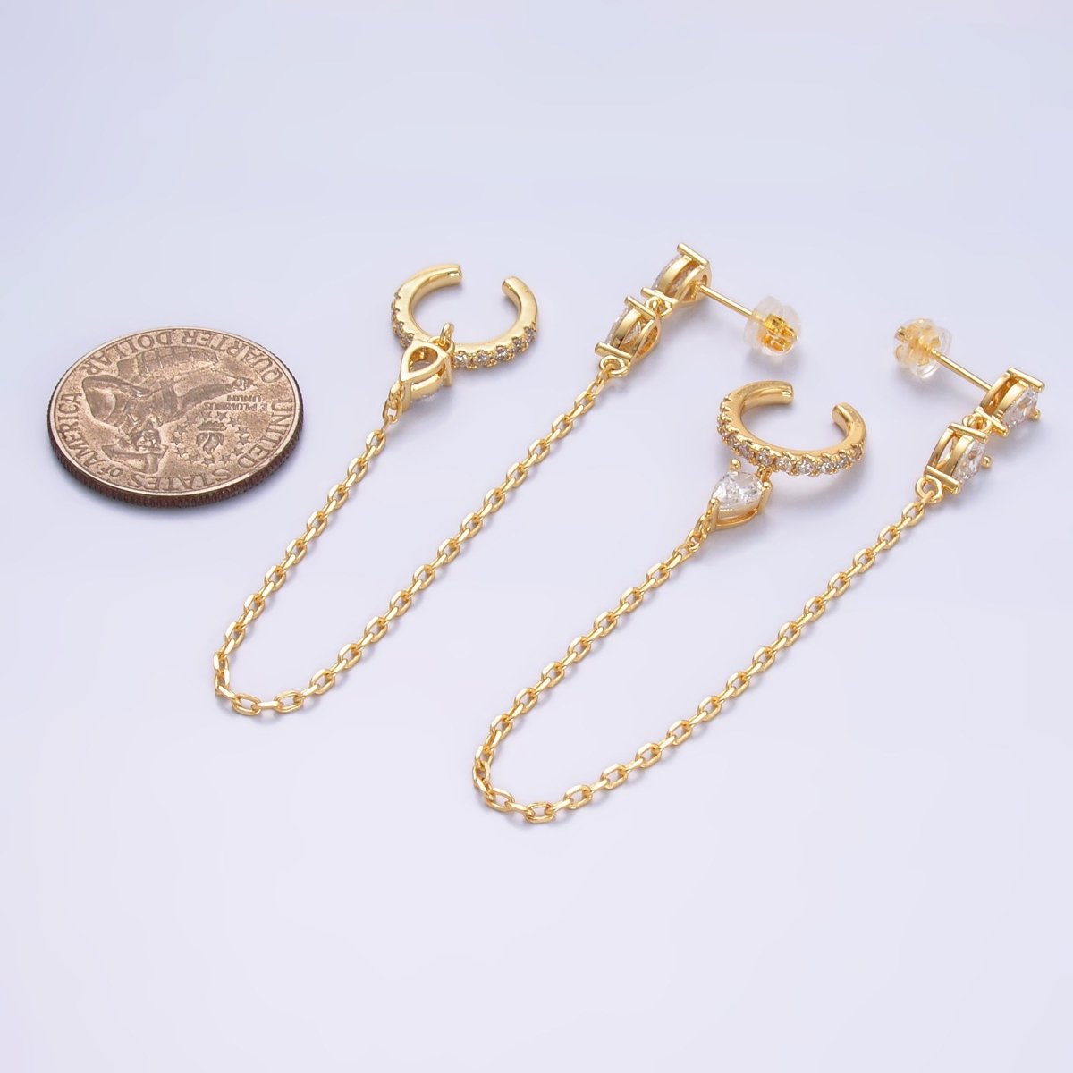 24K Gold Filled Clear Teardrop CZ Micro Paved Drop Stud Ear Cuff Earrings | AB1415