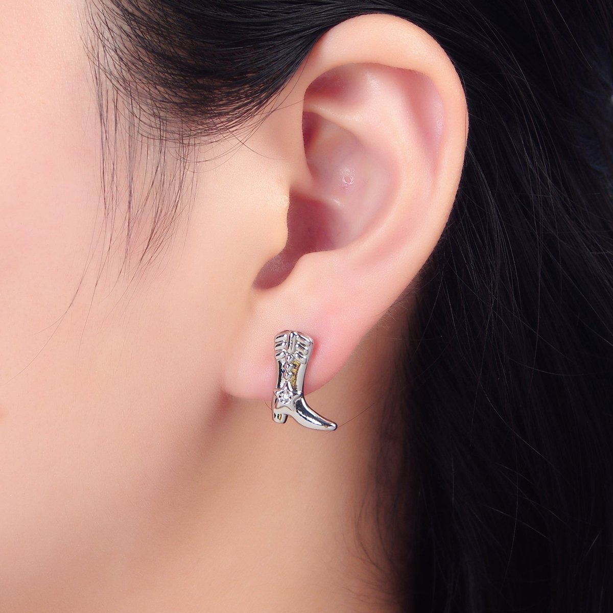 24K Gold Filled Cowboy Hat Boots CZ Stud Earrings Set in Gold & Silver | P415