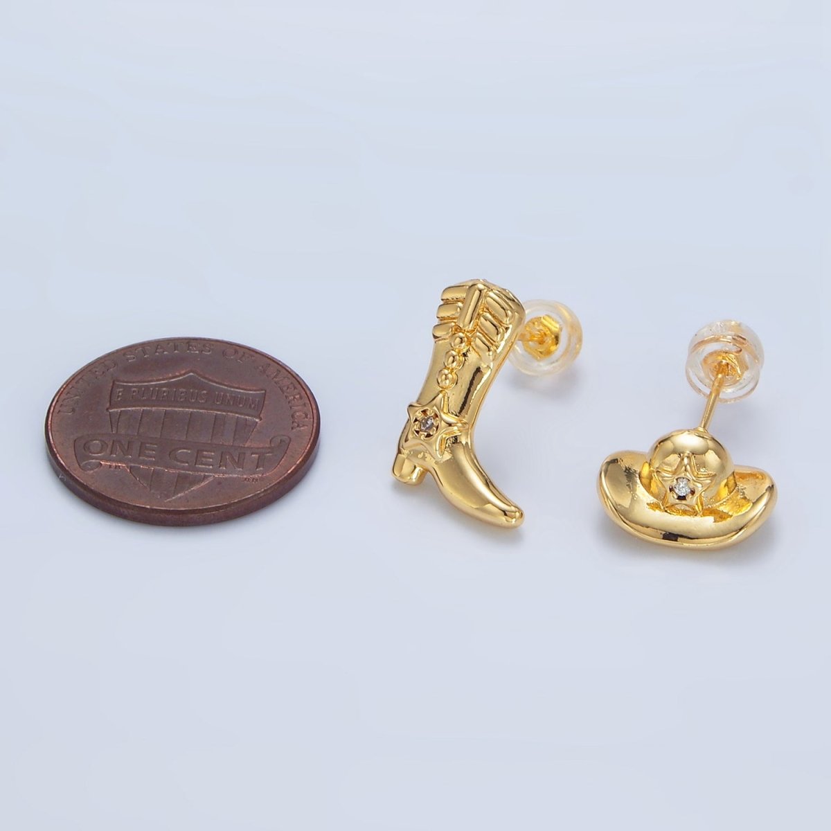 24K Gold Filled Cowboy Hat Boots CZ Stud Earrings Set in Gold & Silver | P415