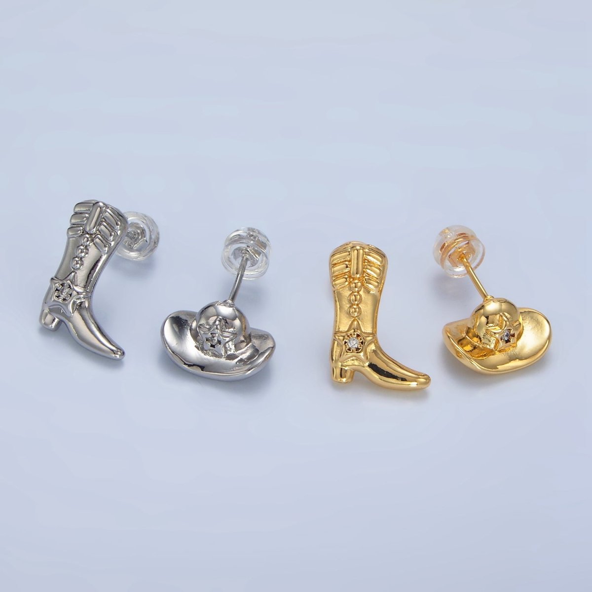 24K Gold Filled Cowboy Hat Boots CZ Stud Earrings Set in Gold & Silver | P415