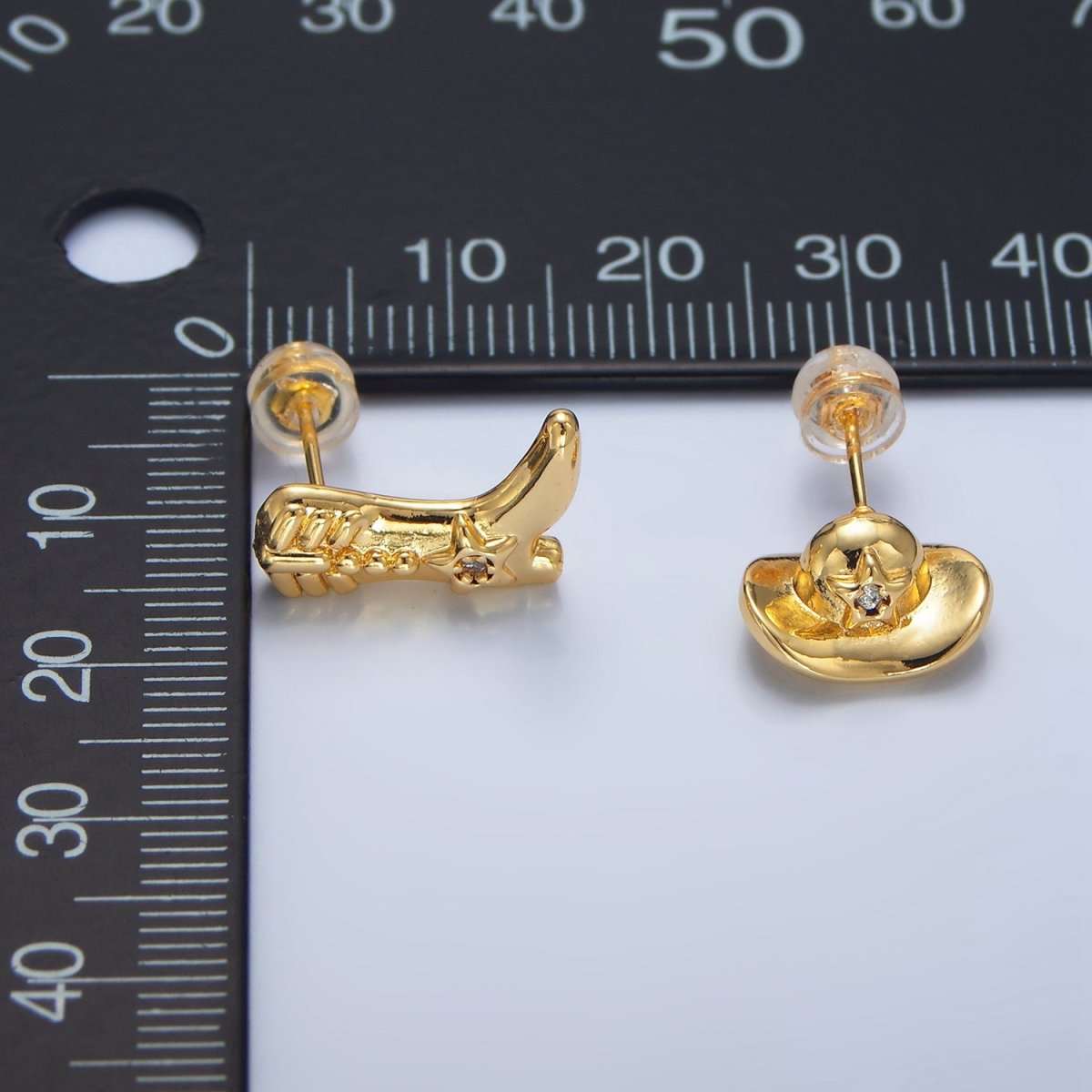 24K Gold Filled Cowboy Hat Boots CZ Stud Earrings Set in Gold & Silver | P415