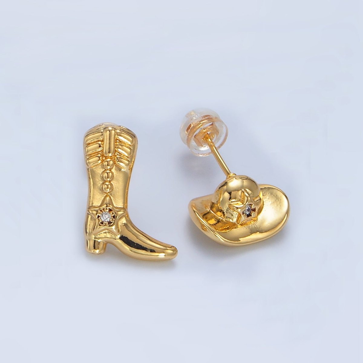 24K Gold Filled Cowboy Hat Boots CZ Stud Earrings Set in Gold & Silver | P415