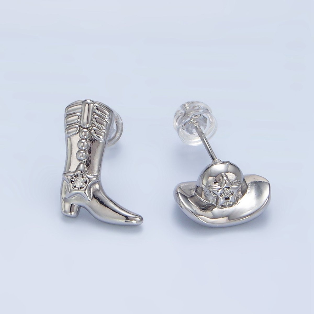 24K Gold Filled Cowboy Hat Boots CZ Stud Earrings Set in Gold & Silver | P415