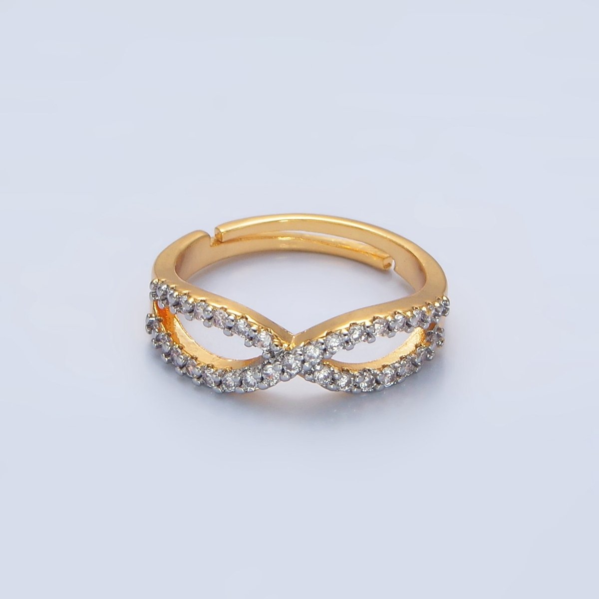 24K Gold Filled Curved Ribbon Micro Paved CZ Mixed Metal Ring | O1409