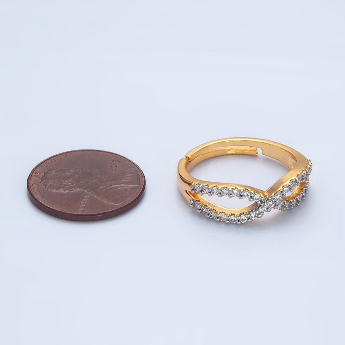 24K Gold Filled Curved Ribbon Micro Paved CZ Mixed Metal Ring | O1409