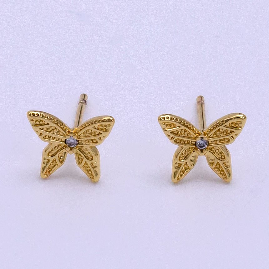 24K Gold Filled CZ Artisan Butterfly Insect Stud Earrings