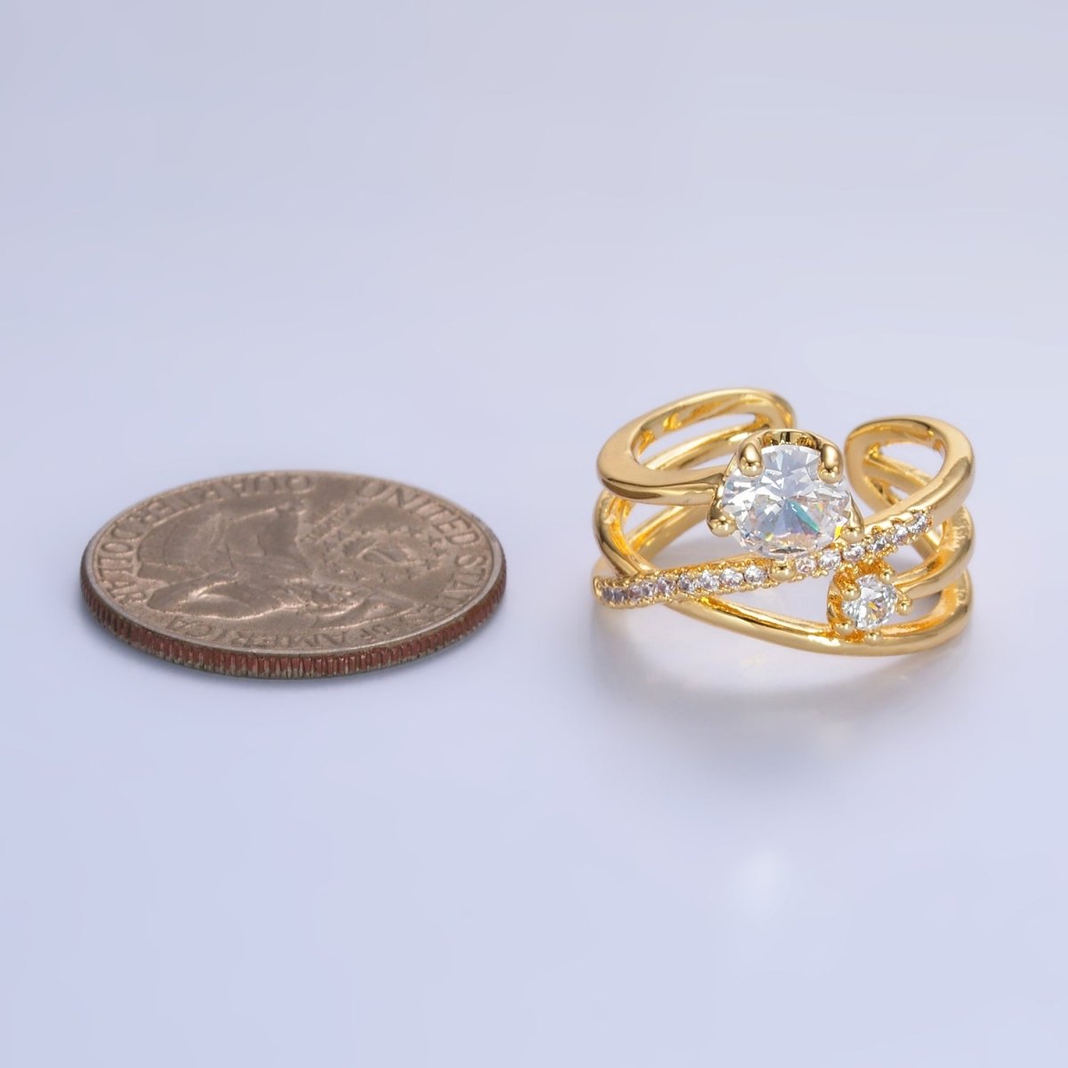 24K Gold Filled CZ Clear Micro Paved Geometric Multi-Band Ring | O550