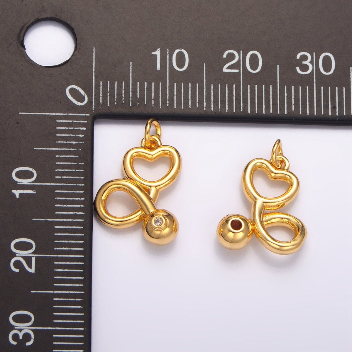 24K Gold Filled CZ Medical Doctor Stethoscope Heart Multidimensional Charm | W087