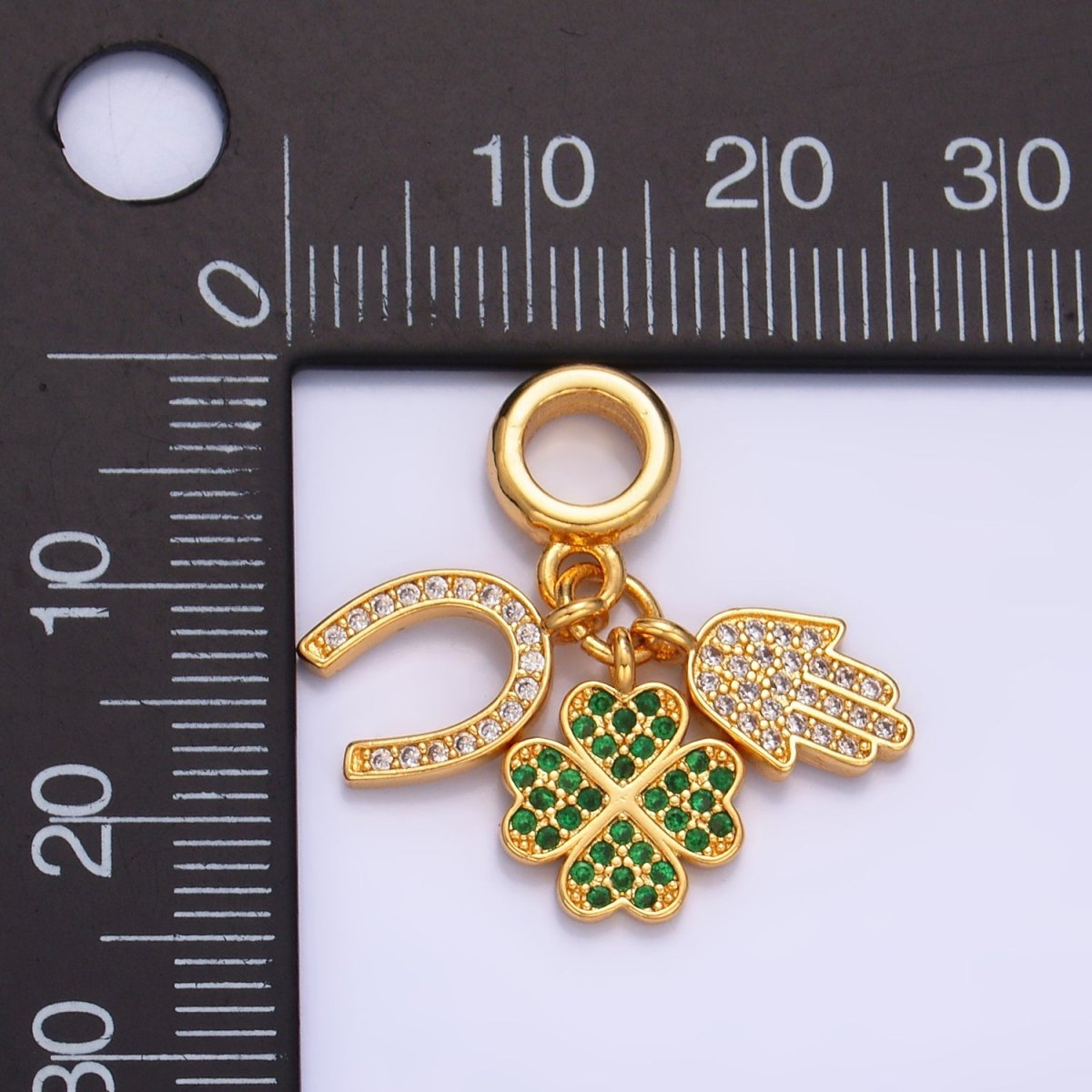 24K Gold Filled CZ Micro Paved Horse Shoe, Four Leaf Clover, Hamsa Hand Rhondelle Drop Lucky Charms | W421
