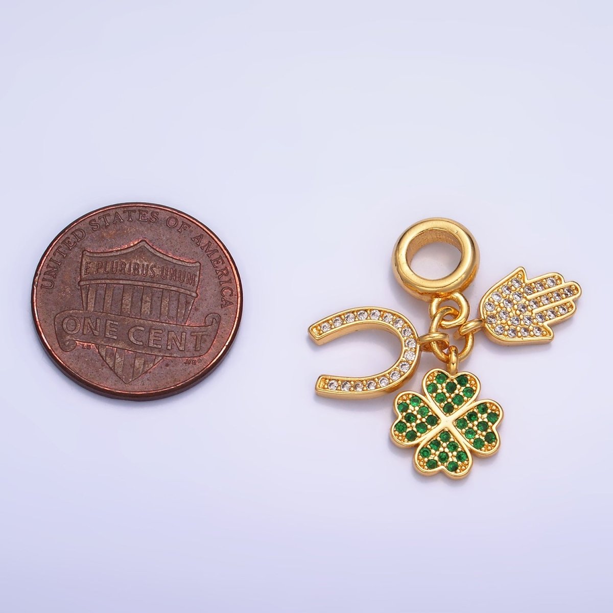 24K Gold Filled CZ Micro Paved Horse Shoe, Four Leaf Clover, Hamsa Hand Rhondelle Drop Lucky Charms | W421