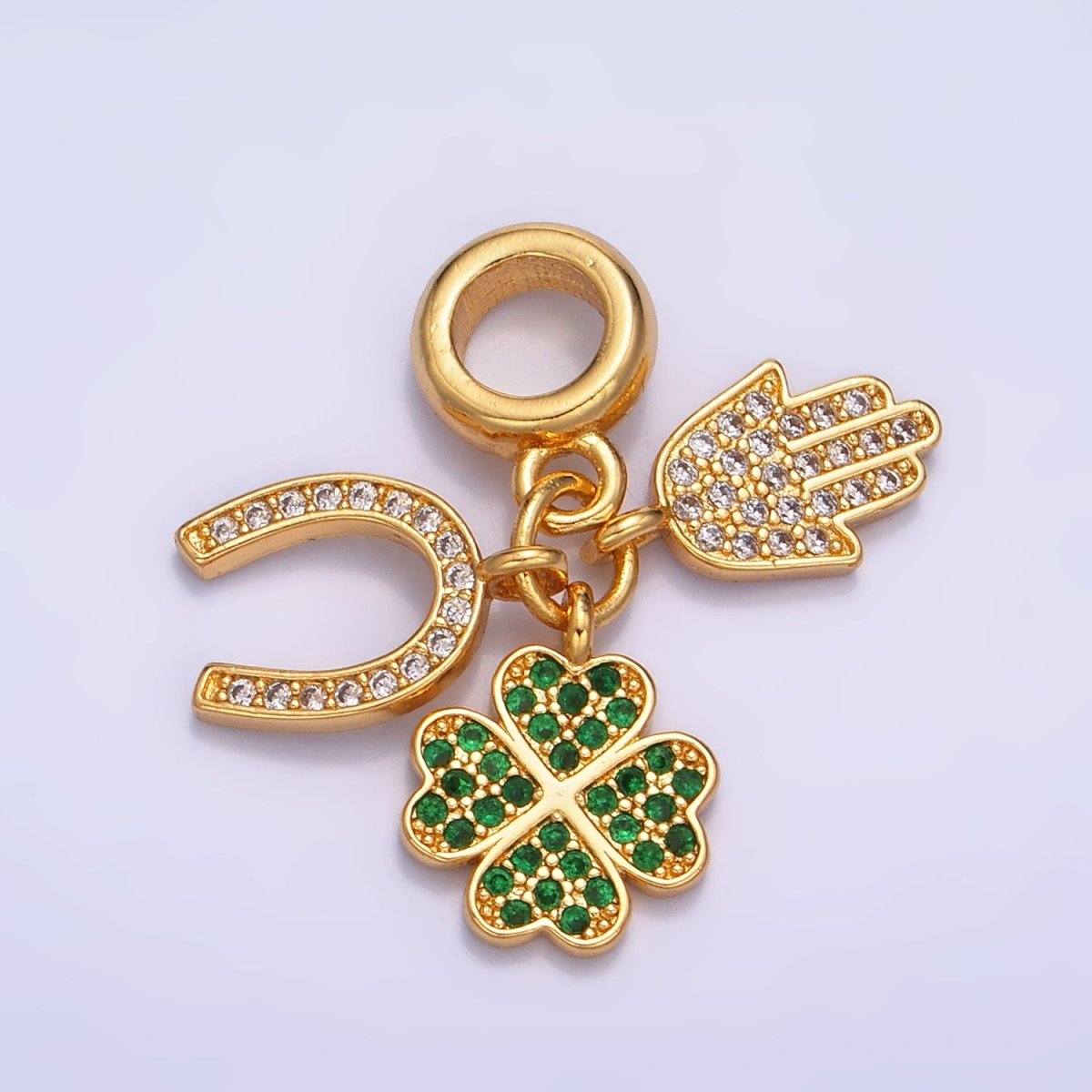 24K Gold Filled CZ Micro Paved Horse Shoe, Four Leaf Clover, Hamsa Hand Rhondelle Drop Lucky Charms | W421