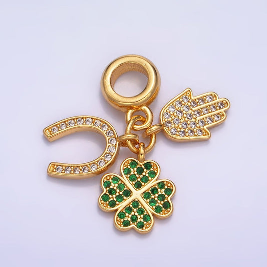 24K Gold Filled CZ Micro Paved Horse Shoe, Four Leaf Clover, Hamsa Hand Rhondelle Drop Lucky Charms | W421