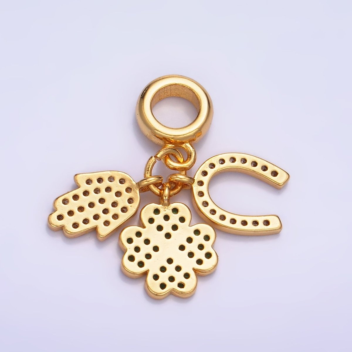 24K Gold Filled CZ Micro Paved Horse Shoe, Four Leaf Clover, Hamsa Hand Rhondelle Drop Lucky Charms | W421