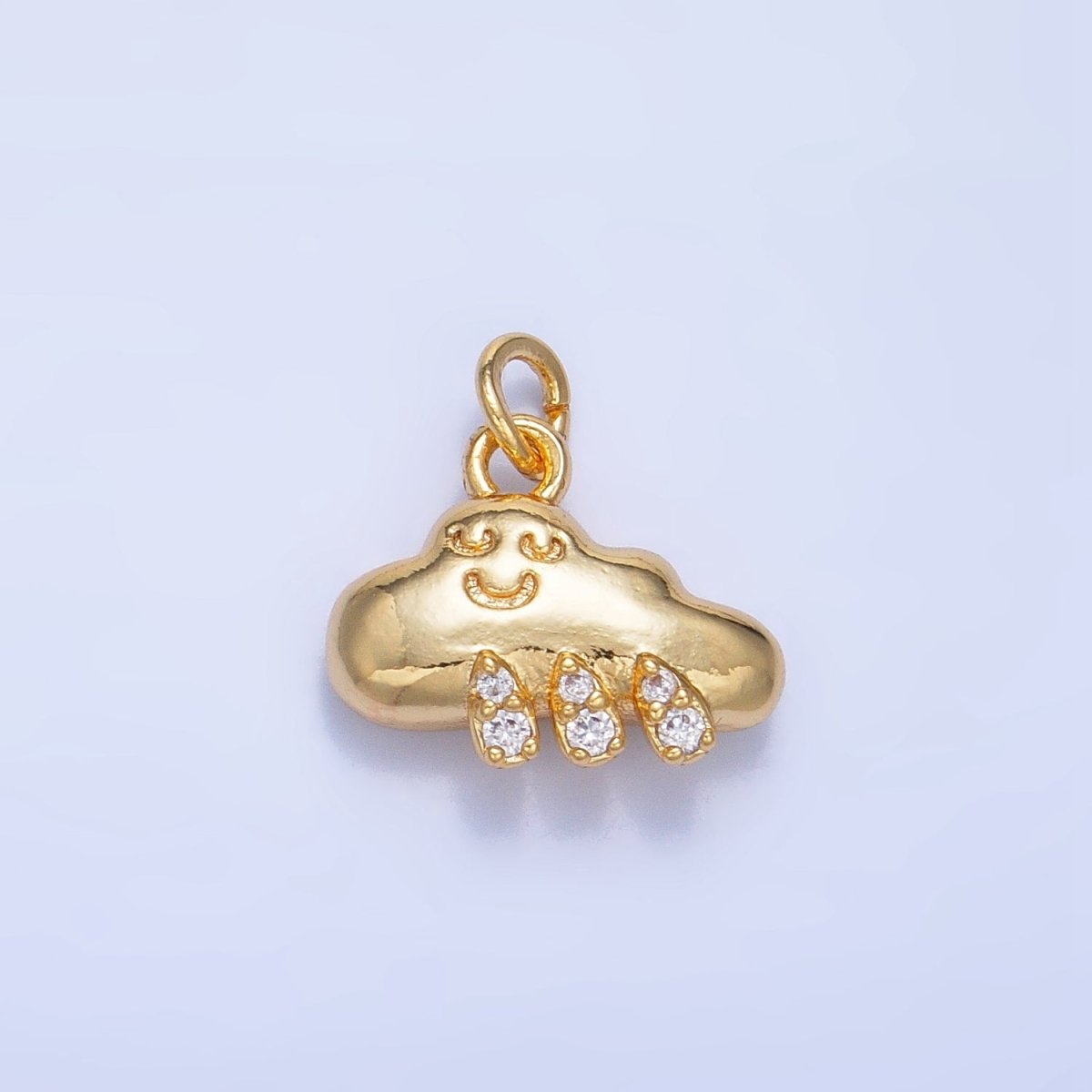 24K Gold Filled CZ Micro Paved Rain Smiley Face Cloud Multidimensional 3D Charm | W018
