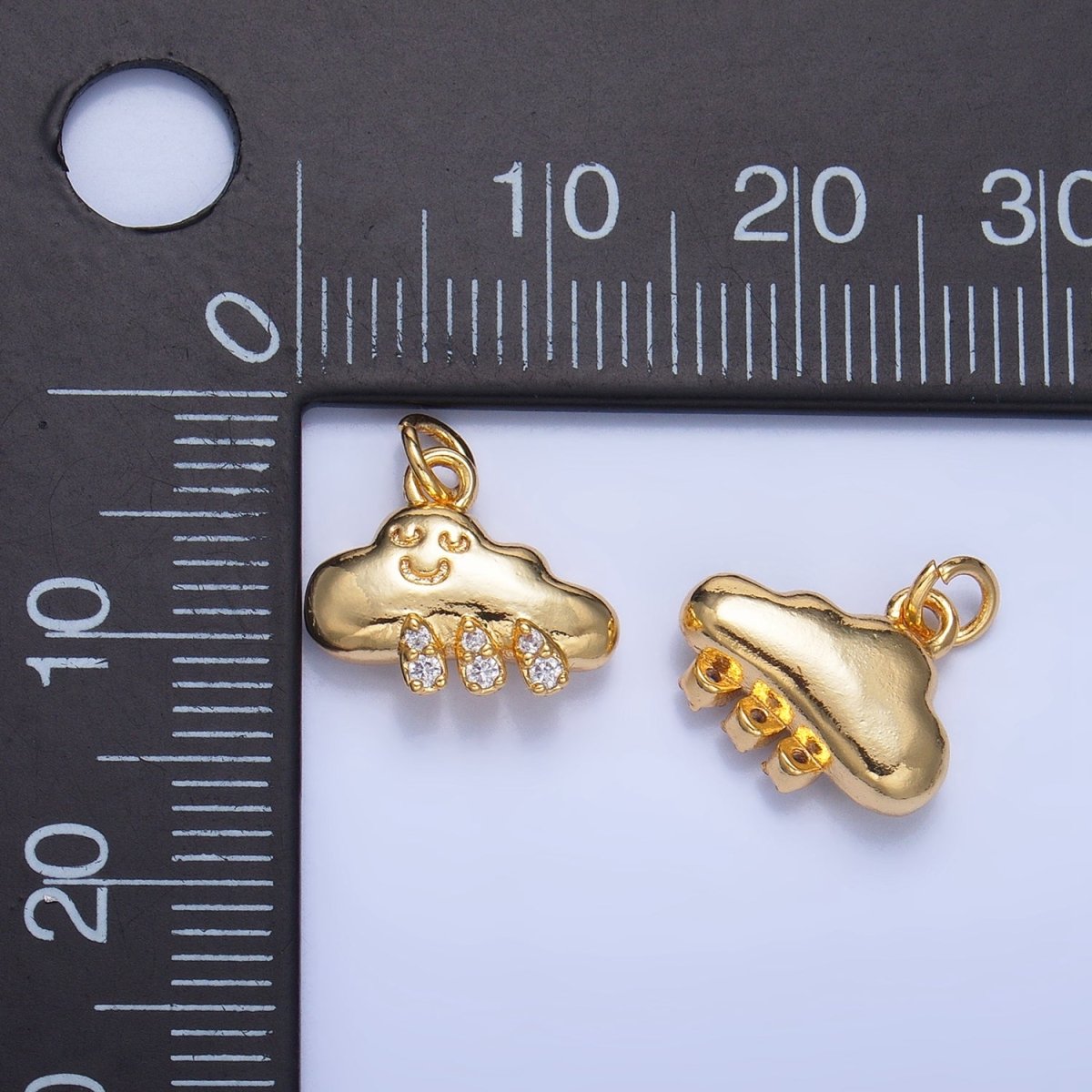 24K Gold Filled CZ Micro Paved Rain Smiley Face Cloud Multidimensional 3D Charm | W018