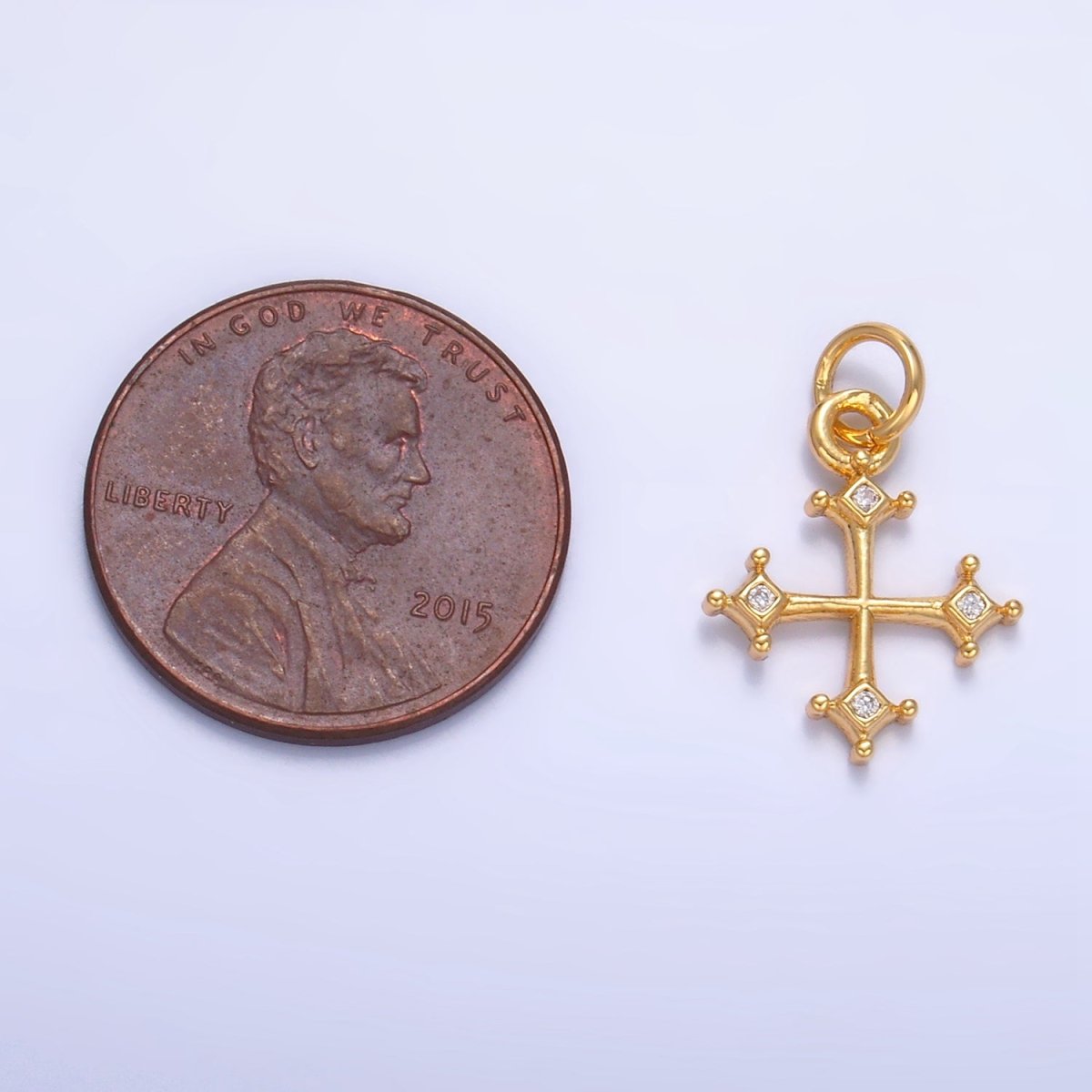 24K Gold Filled CZ Mini Dotted CZ Fleur Cross Charm | W113